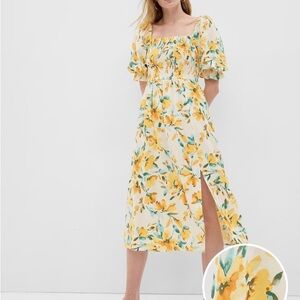Gap Linen-Blend Puff Sleeve Floral Midi Dress